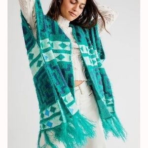 Free People Women's Diamondback Poncho Kimono Wrap Geometric Knit Shawl Cape